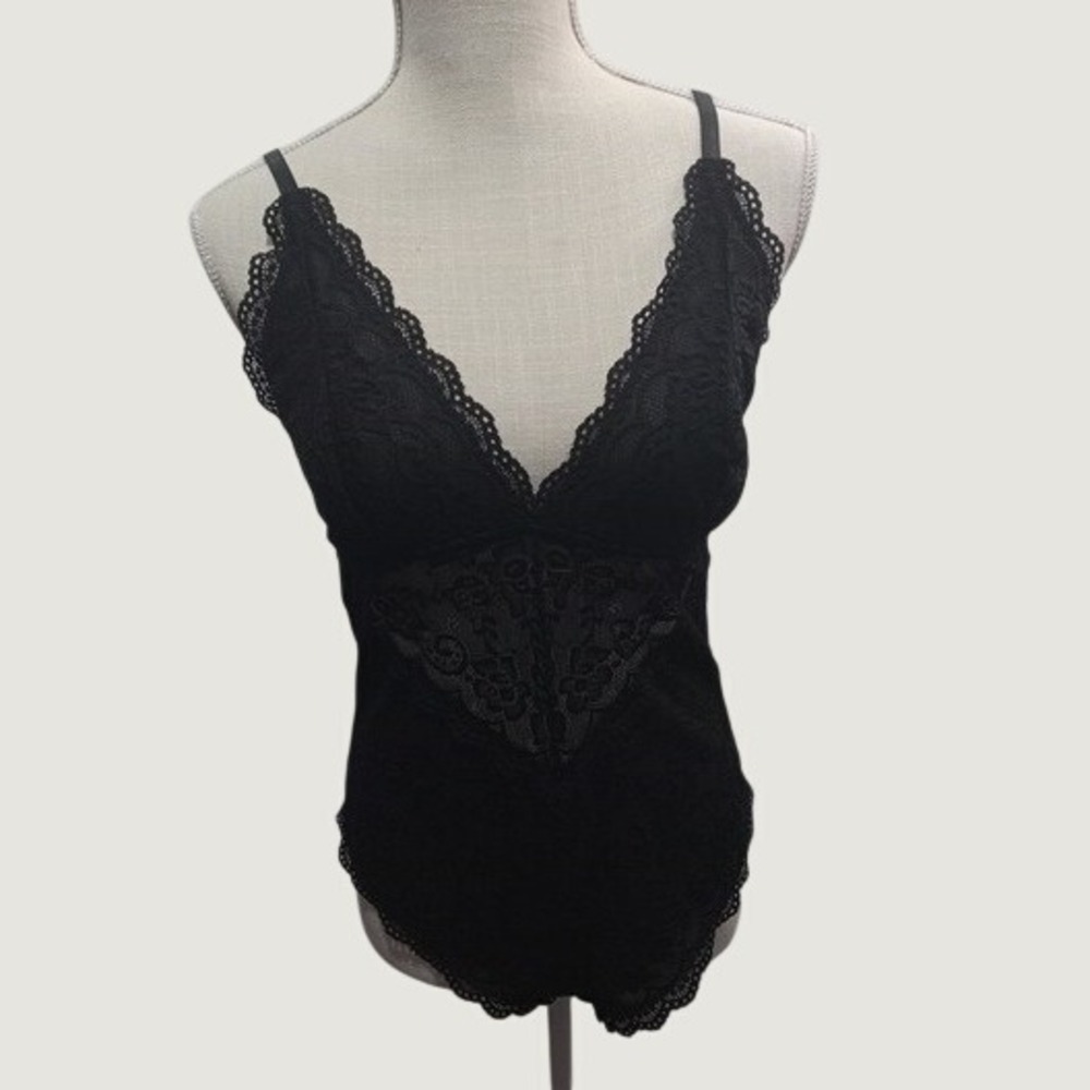 Avidlove Black Floral Lace V-Neck Bodysuit Lingerie Teddy Large NWT